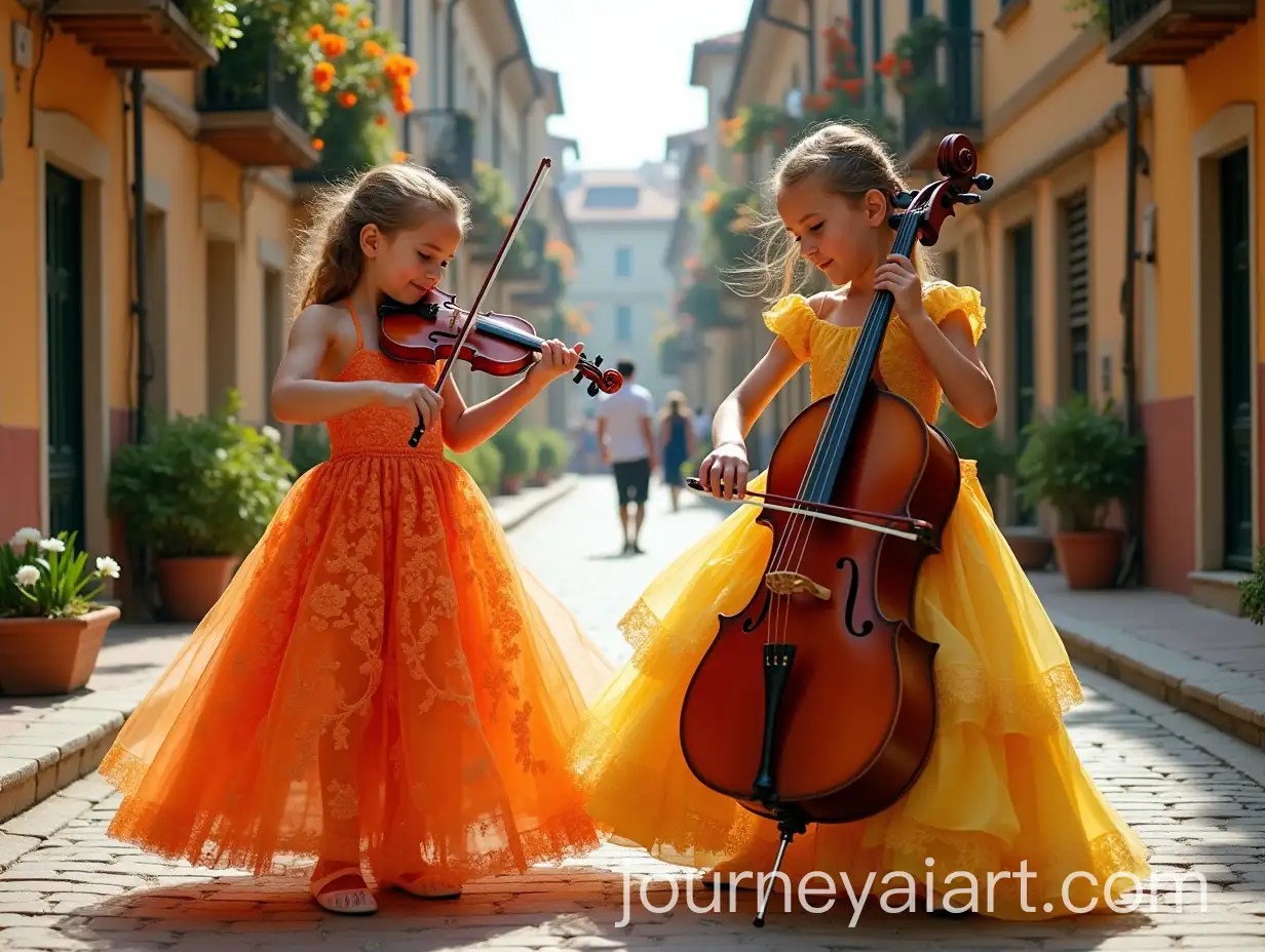 Sisters-Playing-Violin-and-Cello-in-Colorful-Dresses-on-FairyTale-Street