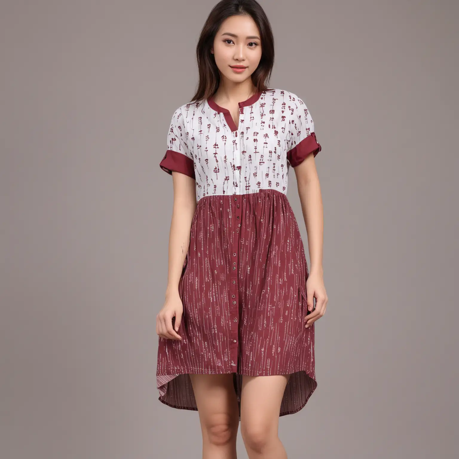 Casual-Maroon-and-White-CottonRayon-Dress-for-Asian-Model