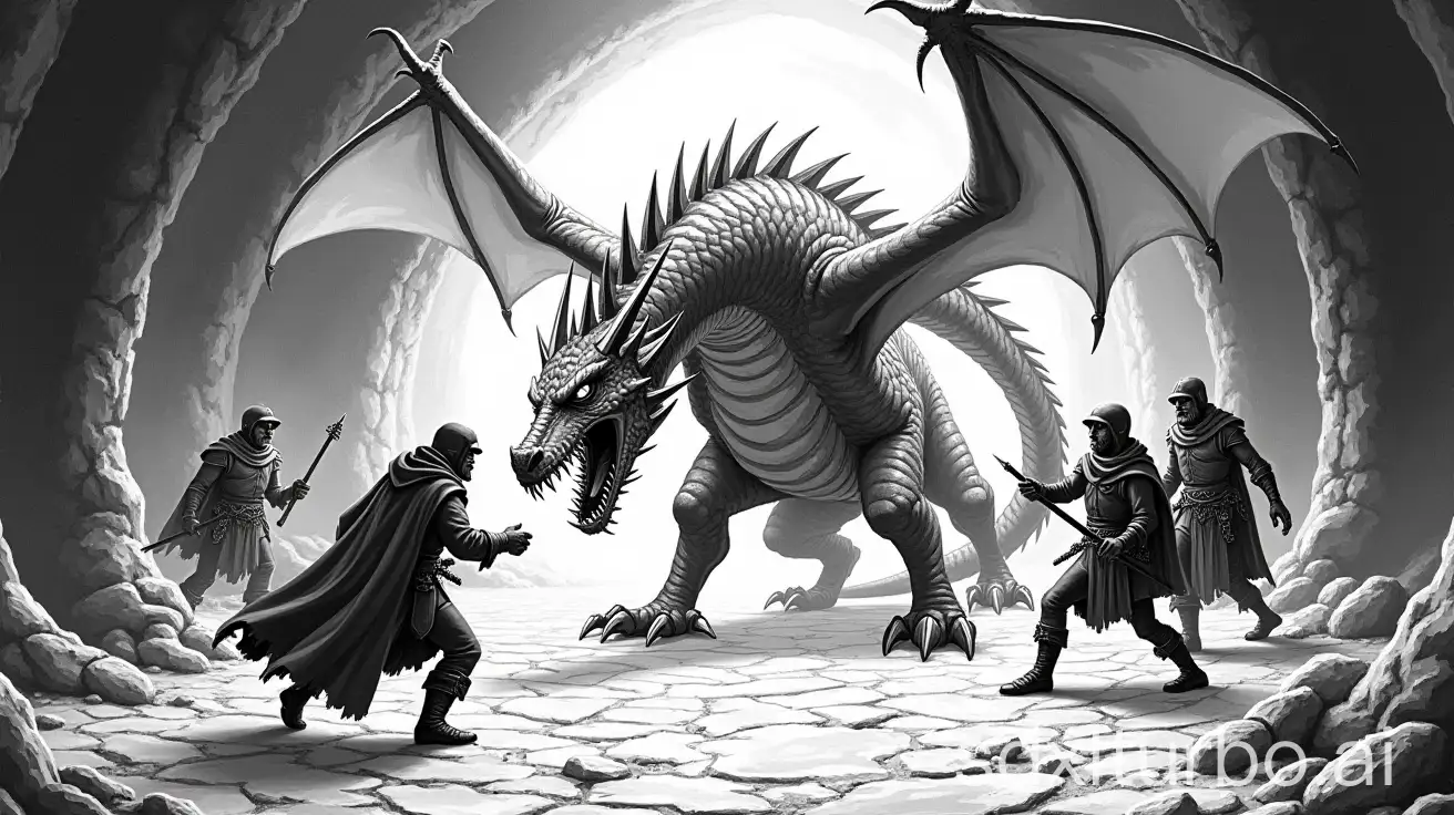 line art of a dragon fighting an adventuring party in a dungeon , Dark Atmosphere, 1bit bw, style of 1977 AD&D, wallpaper panel