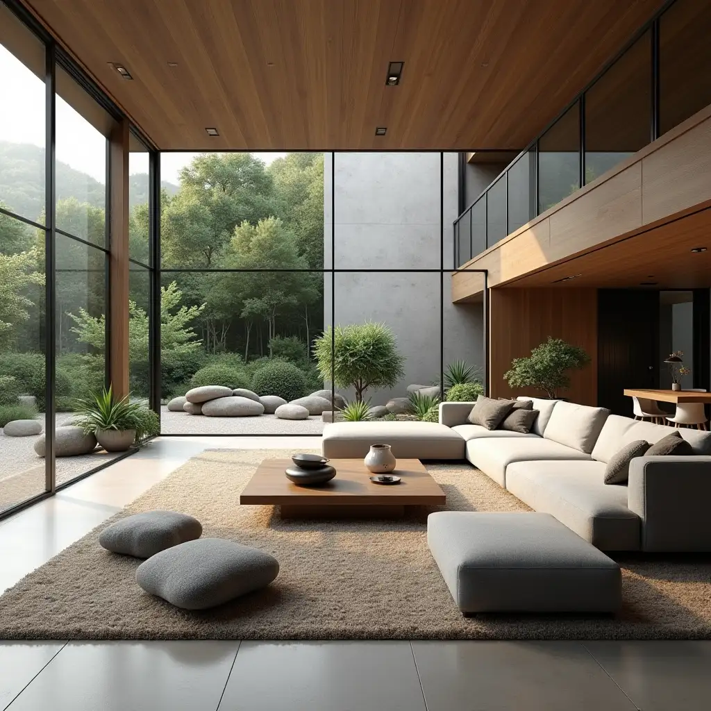 Largest most modern living room with furniture with Zen garden with carefully tended rocks, a meditative 180 degree shot 8K resolution