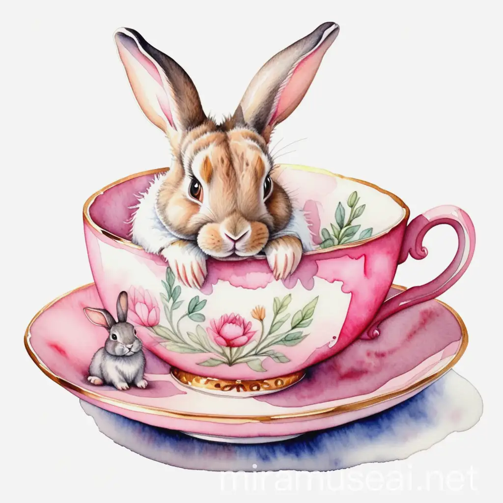 Pink Teacup with Rabbit in Watercolor