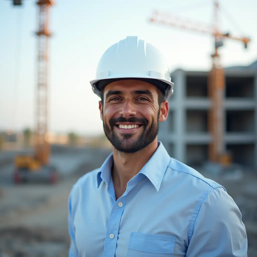 A hyper-realistic, high-resolution film-style photo in a square format capturing a professional man at a construction site, eye-level perspective, natural daylight as the light source, shot with a standard lens. The man, with a slight smile and focused expression, is wearing a white hard hat (#FFFFFF) and a light blue button-up shirt (#B0C4DE). He has a well-groomed dark beard and short, neatly trimmed dark hair (#3B3B3B). His skin tone is light tan (#F1C27D). Behind him, the background is blurred, showing a construction crane and a partially constructed building, adding to the scene's professional and industrial mood. The smooth texture of the hard hat, the soft fabric of the shirt, and the rugged, rough textures of the construction site are clearly visible, with no visual aberrations. The image mood is professional and focused, with a modern corporate cultural reference. The entire image is filled with these details, creating a realistic, immersive scene.