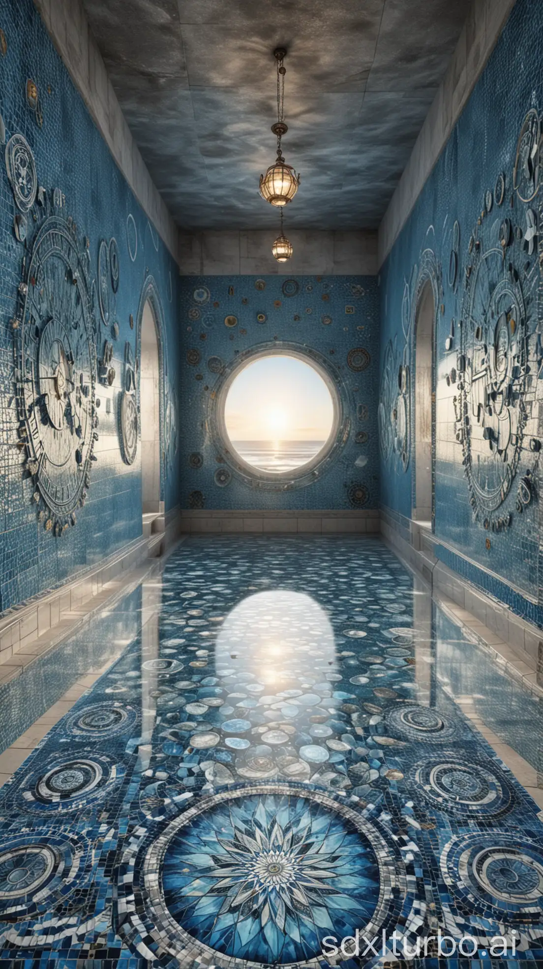 a vast luxury alien hall in fantasy style,  glass cups, stopwatch on wall, sun mandalas in blue mosaic floor, beach in the background, peaceful, cold nordic atmosphere, highly detailed