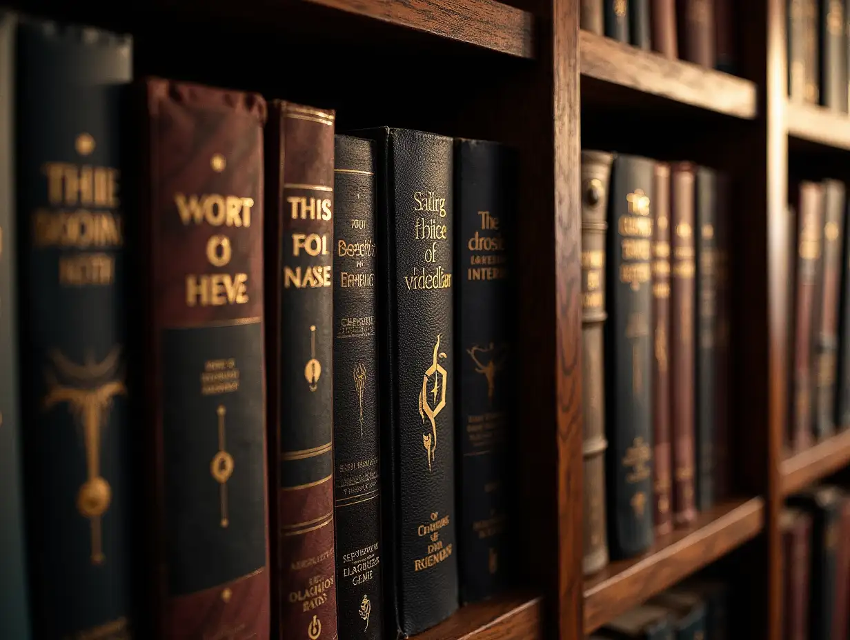 Bookshelf in a library, leather bound, cryptic book titles from famous Sci Fi authors