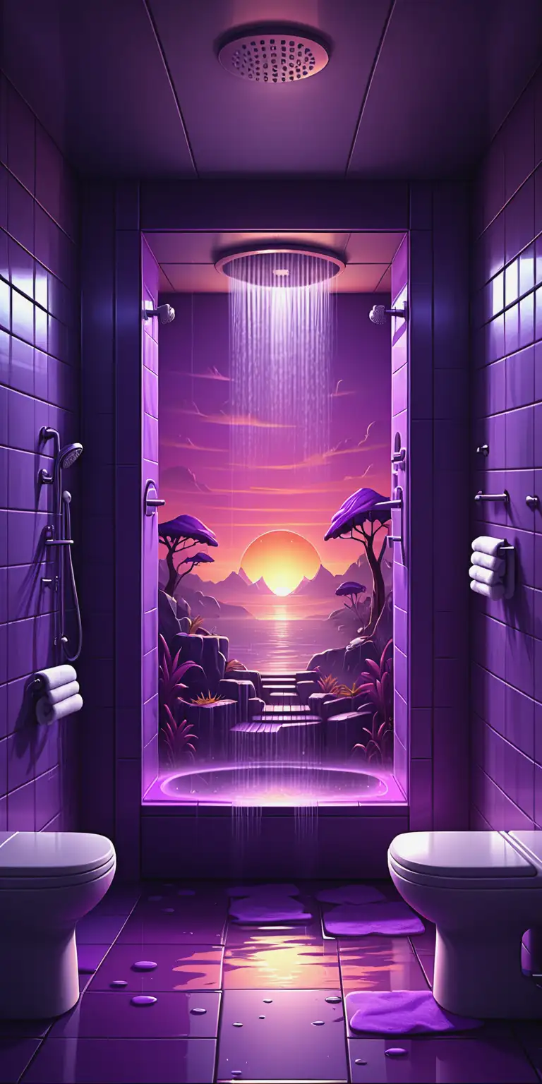 Fantasy Shower Cabin Scene with Purple Sunset