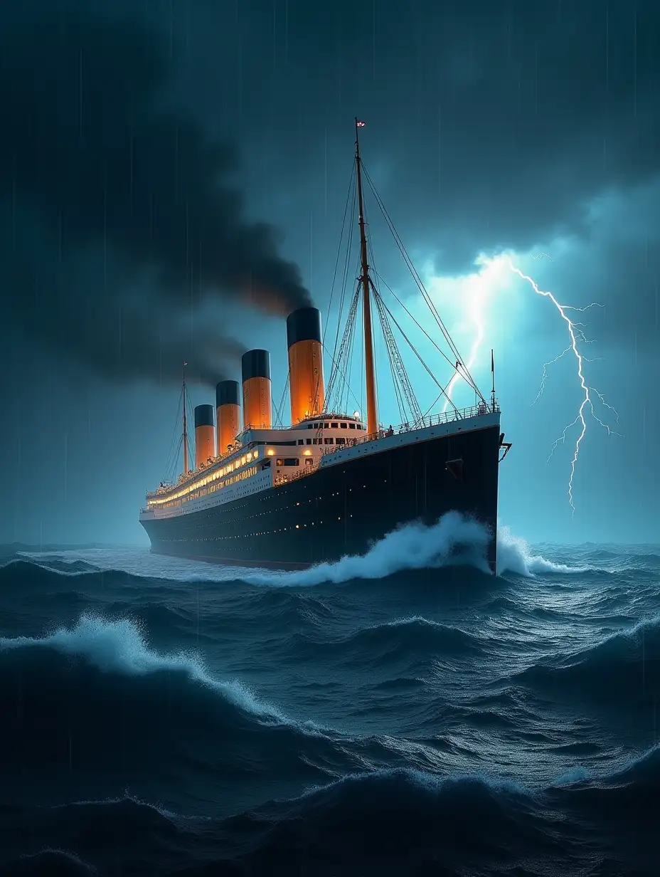 The Titanic sailing through rough weather, ocean liner with four funnels, rain, stormy, lightning, giant waves, dark