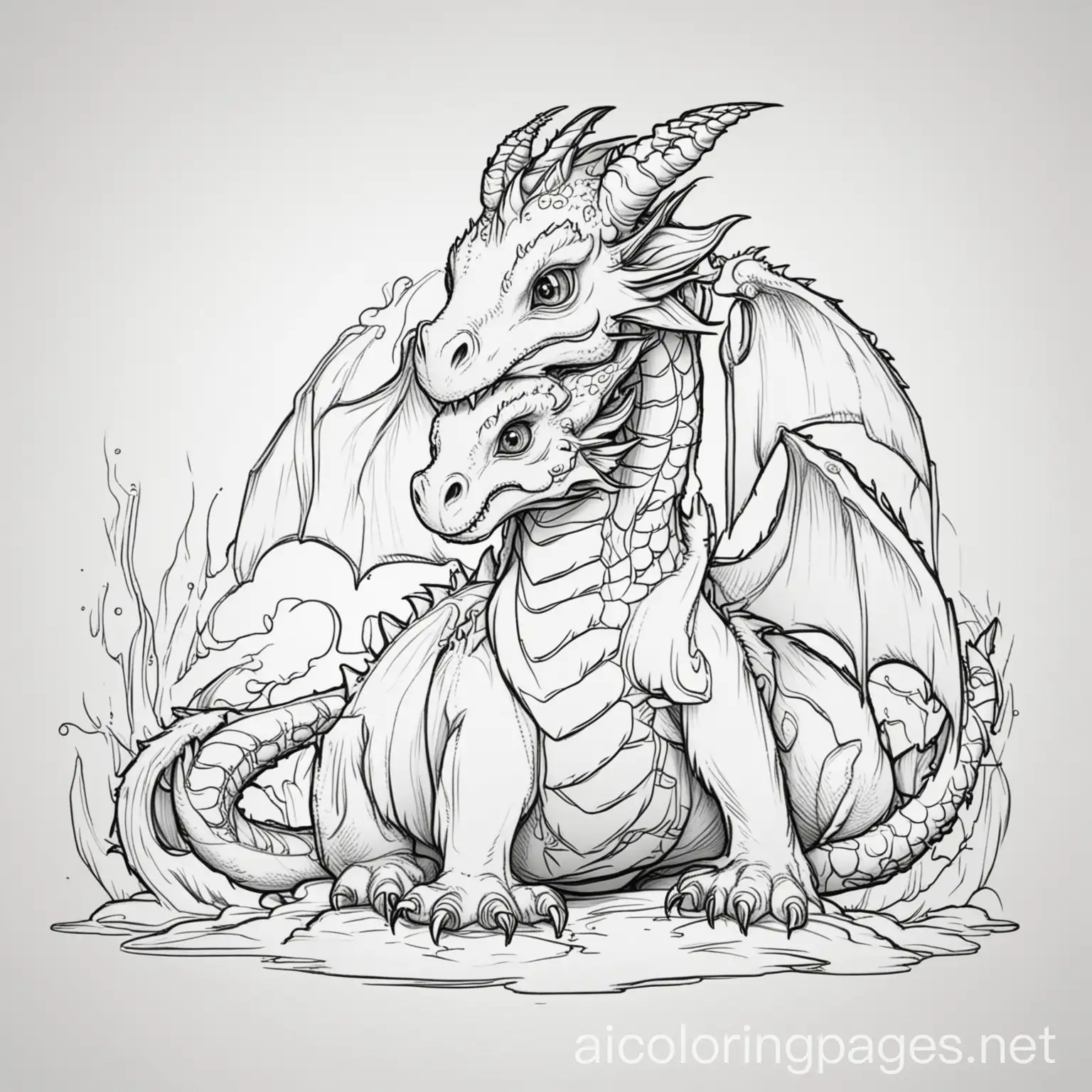 dragon and baby dragon, Coloring Page, black and white, line art, white background, Simplicity, Ample White Space. The background of the coloring page is plain white to make it easy for young children to color within the lines. The outlines of all the subjects are easy to distinguish, making it simple for kids to color without too much difficulty