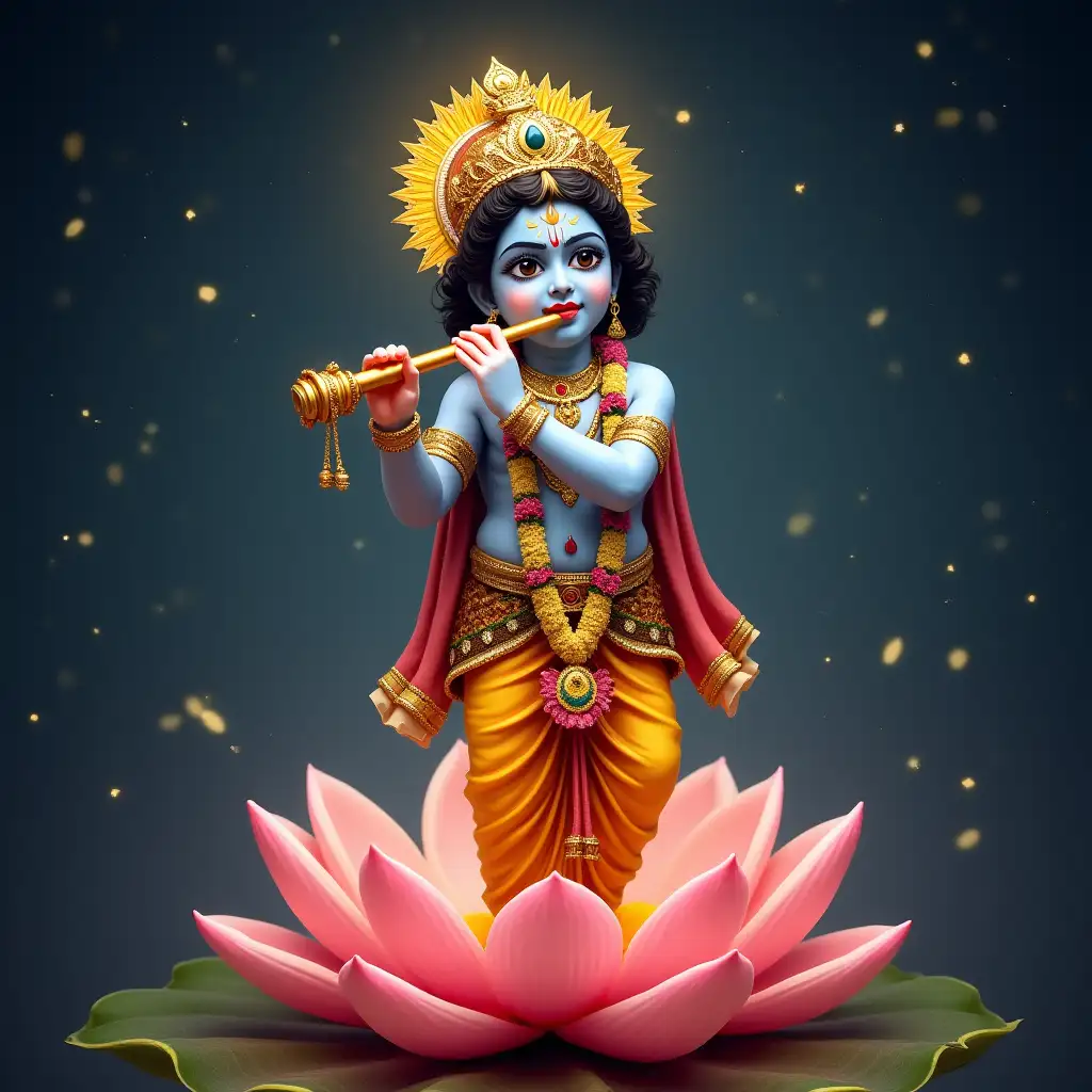 Shri-Krishna-Shyamasundara-Playing-Flute-on-a-Lotus-Flower