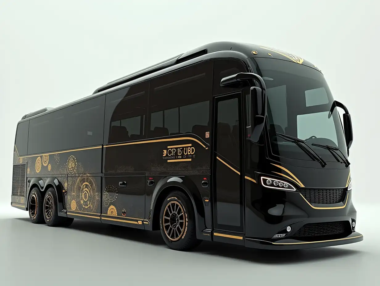 Supermodern utopian sports Omnibus black with Sport trim,golden stripes on the side with gears,lowered body, 18-inch wide wheels, aluminum rims, cream silver black Cyberpunk.