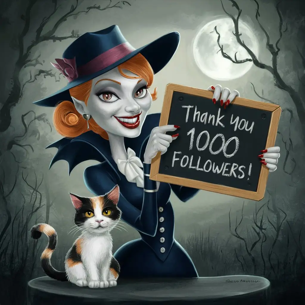 words 'thank you' 1000 followers, background ginger vampire woman and a calico cat