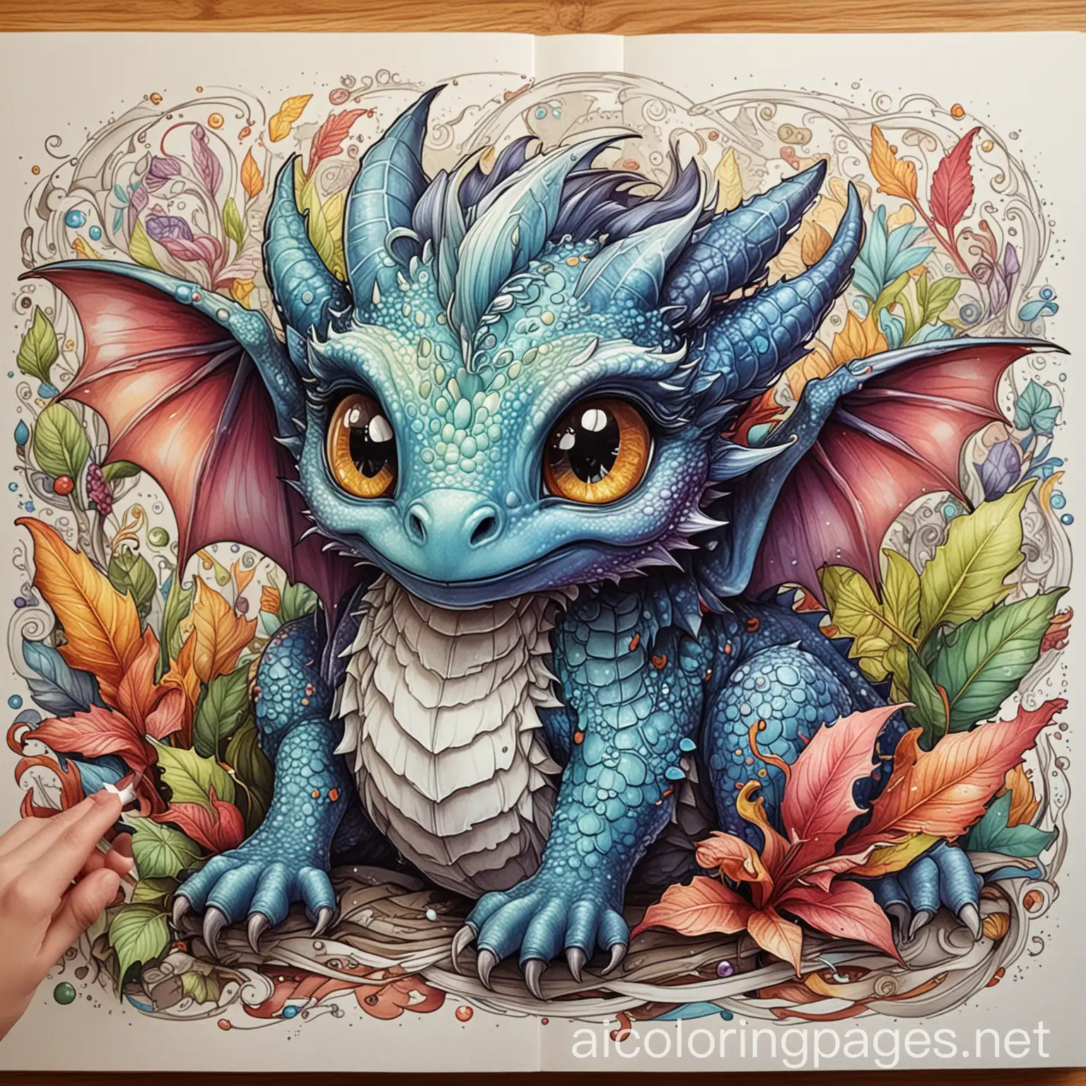 cute baby dragon book cover design for a Coloring Pages book for kids, full colored Mark Brooks and Dan Mumford, comic book art, perfect, smooth in Gouache Style, Watercolor, Museum Epic Impressionist Maximalist Masterpiece, Thick Brush Strokes, Impasto Gouache, thick layers of gouache watercolors textured on Canvas, 8k Resolution, Matte Painting Hyperrealistic, splash art, concept art, mid shot, intricately detailed, color depth, dramatic, 2/3 face angle, side light, colorful background ,, Coloring Page, black and white, line art, white background, Simplicity, Ample White Space. The background of the coloring page is plain white to make it easy for young children to color within the lines. The outlines of all the subjects are easy to distinguish, making it simple for kids to color without too much difficulty