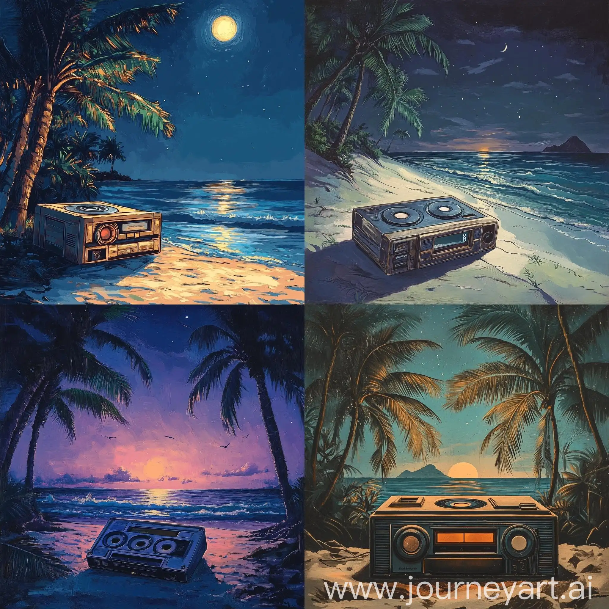 Vintage-Cassette-Player-at-Night-with-Palm-Trees-and-Sea