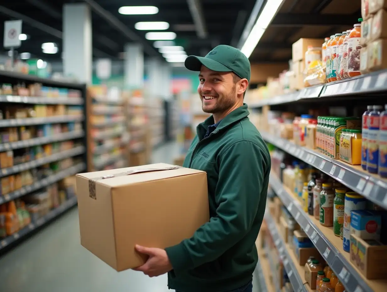 supermarket, order picker for couriers, collects package with products, photo, side