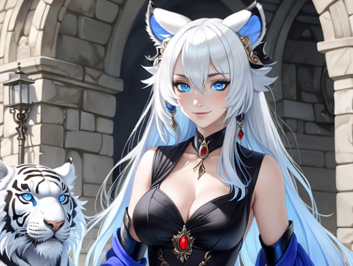 ((mage woman)), ((black long dress)), ((white tiger ears)), red freckles ((blue eyes: 1.4)), ((without humans ears)), slightly smile, ((white long hair: 1.4)), beautiful cute face, dark castle, big breast