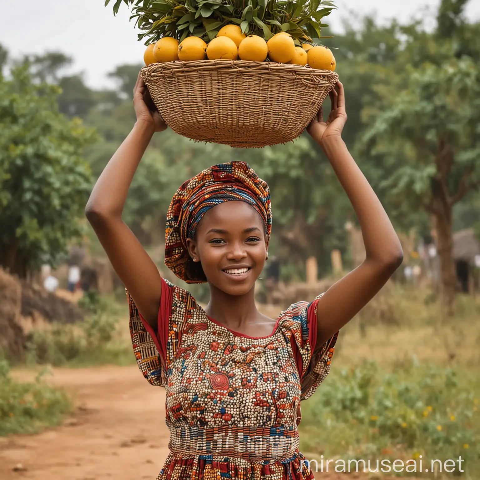 African Women Carrying Basket of Fruit on Head