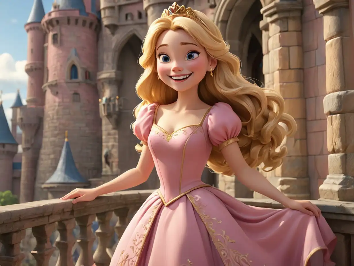 A wide-angle image, a princess with golden hair wearing a pink dress, smiling happily, standing on the balcony of a beautiful castle., 3d disney inspire