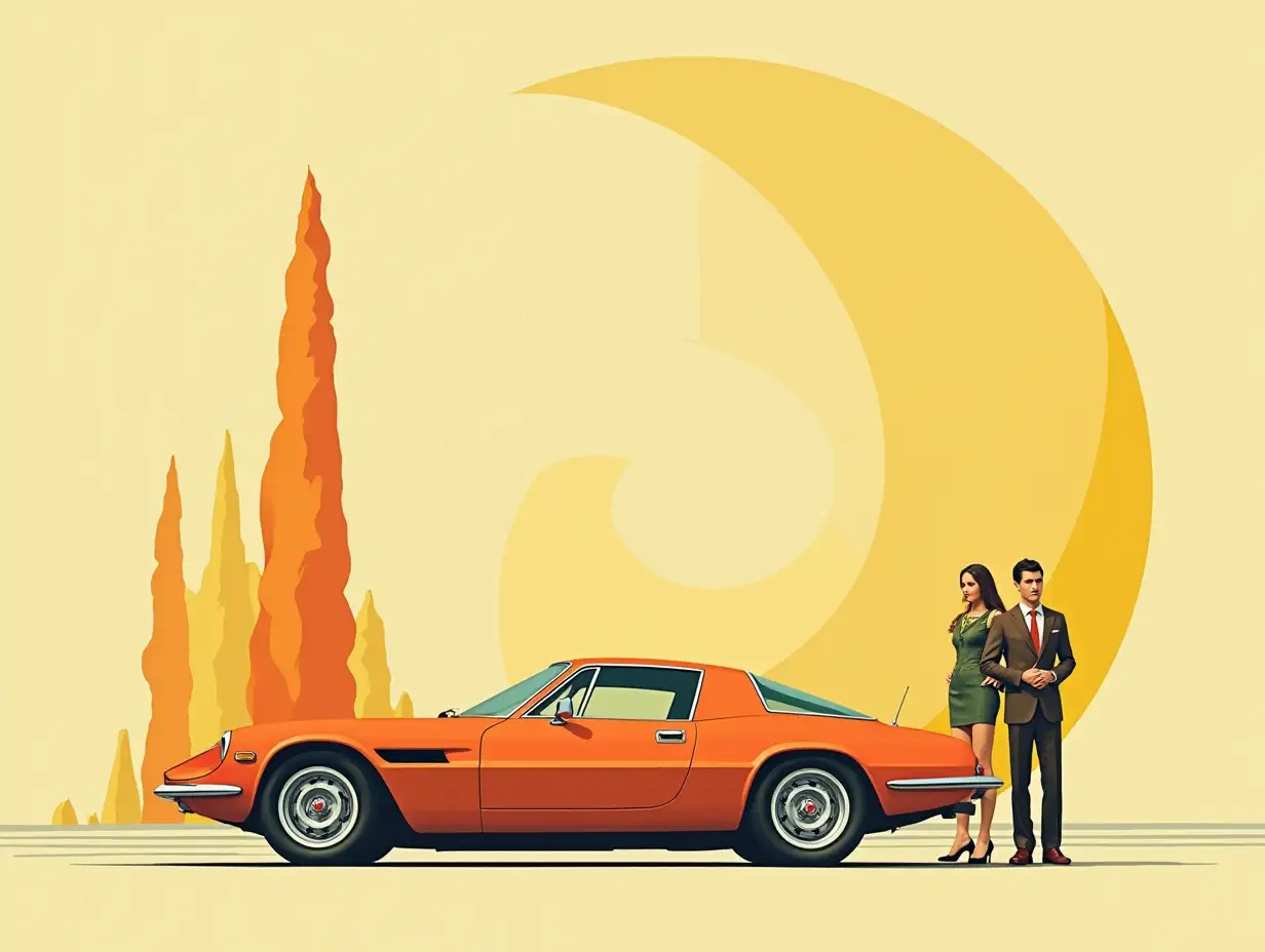 A highly stylized vintage advertisement from the early 1970s in a midcentury modern aesthetic. An Alfa Romeo sportscar is the centerpiece. The color palette is harmonious and sophisticated, blending muted yellows, pastel oranges, and creamy whites for a modern yet nostalgic feel. A stylish couple dressed in sharp, 1970s fashion stands nearby, exuding luxury and aspiration. The overall composition is maximalist, with ample negative space and clean, geometric design elements reflecting the midcentury aesthetic.