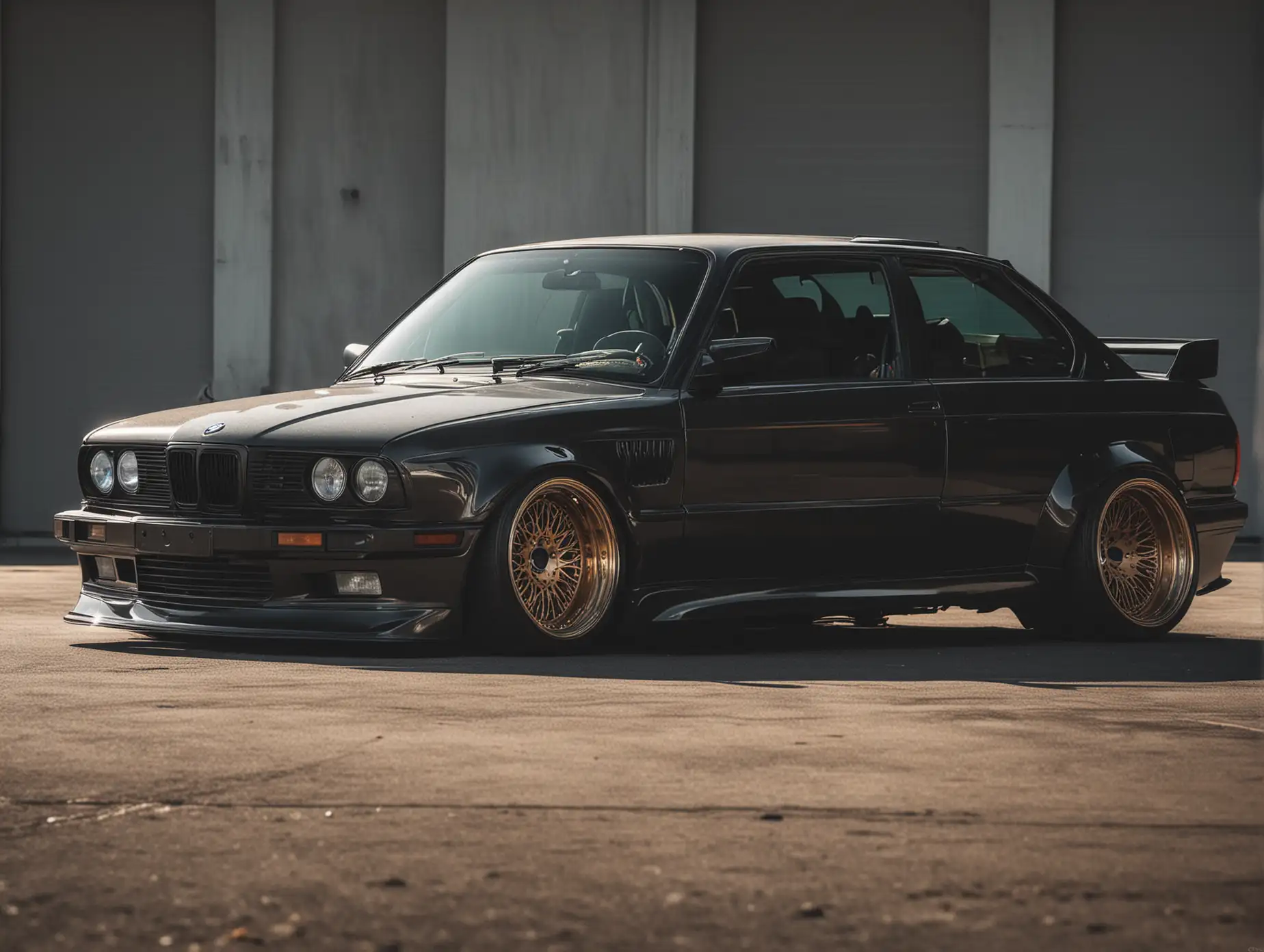 Stance BMW e26 widebody dark factory background dim sun glare from roof