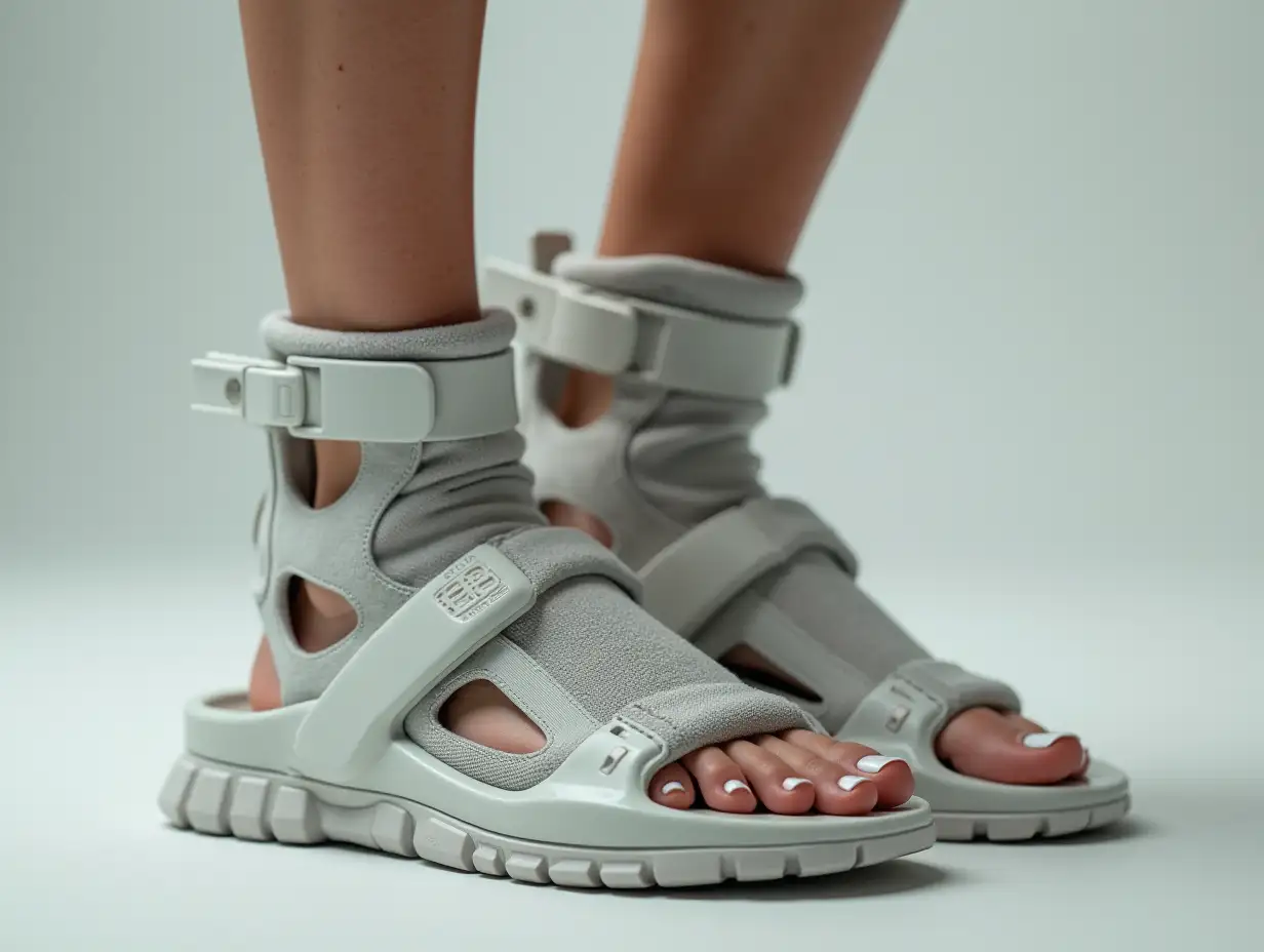 Scandinavian woman wearing futuristic, secure sandals with separate toe compartments, ankle cuffs, polycarbonate toe box, biometric locks on ankle cuffs, reinforced Kevlar materials, adjustable toe rings, heat-moldable linings, dial-adjustable laces, tamper-alert sensors, GPS tracking, cut-resistant fabrics, anti-slip soles, self-tightening smart laces, articulated ankle cuffs, and eco-friendly materials.