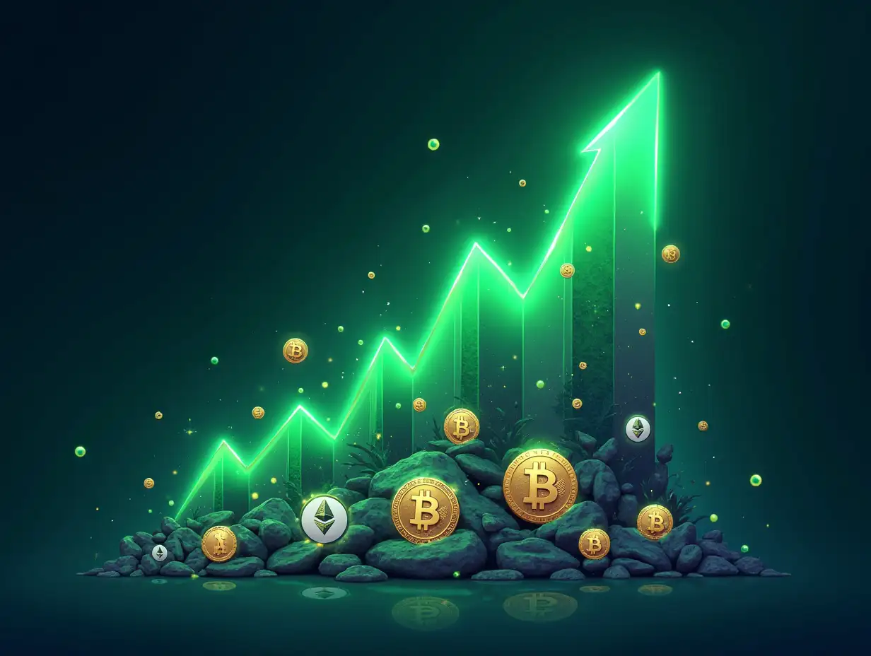 Create a visually stunning illustration that captures the dynamic growth of cryptocurrencies. The centerpiece should be a glowing green growth chart, symbolizing the upward trajectory of various cryptocurrencies. The chart should rise dramatically, showcasing a series of peaks and valleys, highlighting the volatility inherent in the crypto market.Surrounding the chart, include a diverse array of cryptocurrency coins, such as Bitcoin, Ethereum, and Litecoin, each illustrated with their distinctive designs. The coins should appear to be emerging from the chart itself, creating a sense of depth and interaction between the growth graph and the currencies.Incorporate additional cryptocurrency elements, such as digital wallets, blockchain graphics, and abstract representations of network connections, enhancing the theme of digital finance. Use a vibrant color palette with electric greens and blues contrasted against darker shades to give the image a modern and futuristic feel.Add dynamic features like shimmering light trails or sparks that suggest movement and energy, guiding the viewer’s eye along the growth chart. The background should be a blend of soft gradients and geometric patterns, evoking the high-tech world of cryptocurrency.The entire composition should convey optimism and excitement about the potential of digital currencies, symbolizing both innovation and the rapid evolution of finance in the digital age. This image should inspire curiosity and engagement with the ever