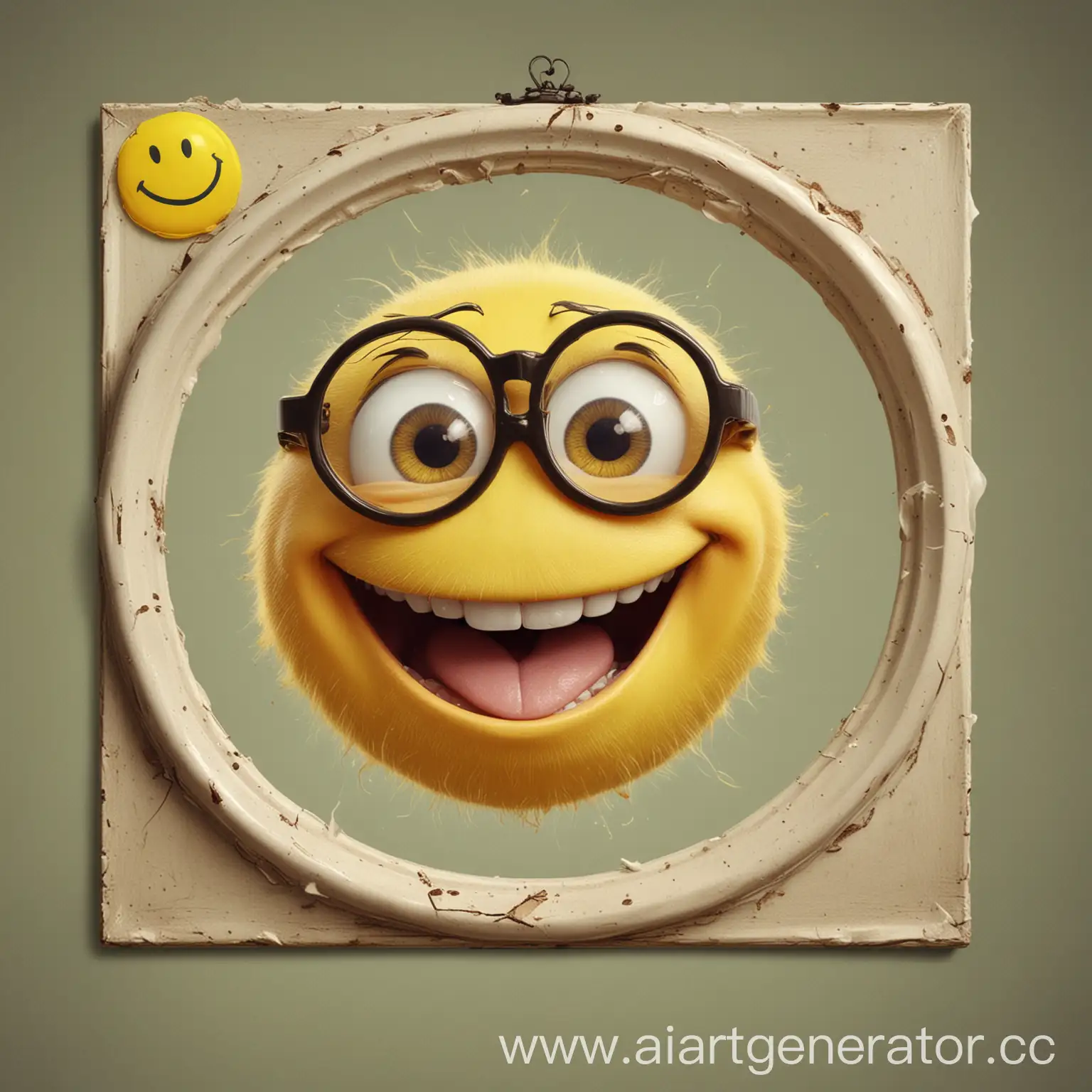 A yellow circle with glasses and slanted eyes laughs, spits out saliva. He has legs and arms, torn shoes, and white gloves, too. Take a yellow circle picture with a frame, and there are smileys laughing.