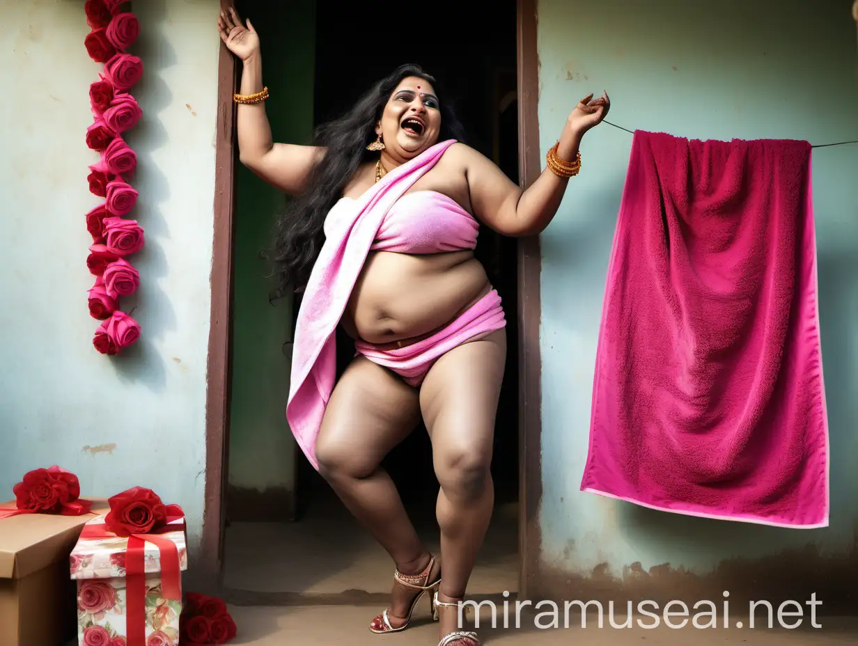 Joyful Indian Transgender Celebrating with Flowers and High Heels in an Old House