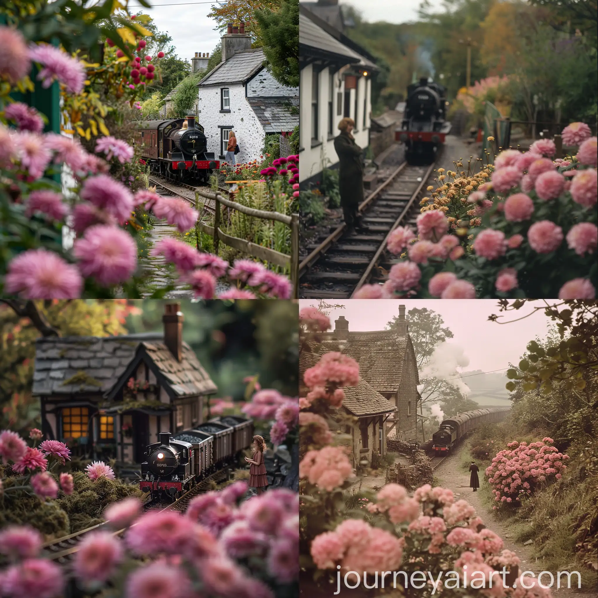 Woman-Watching-Small-Freight-Train-by-Pink-Chrysanthemums-in-English-Village