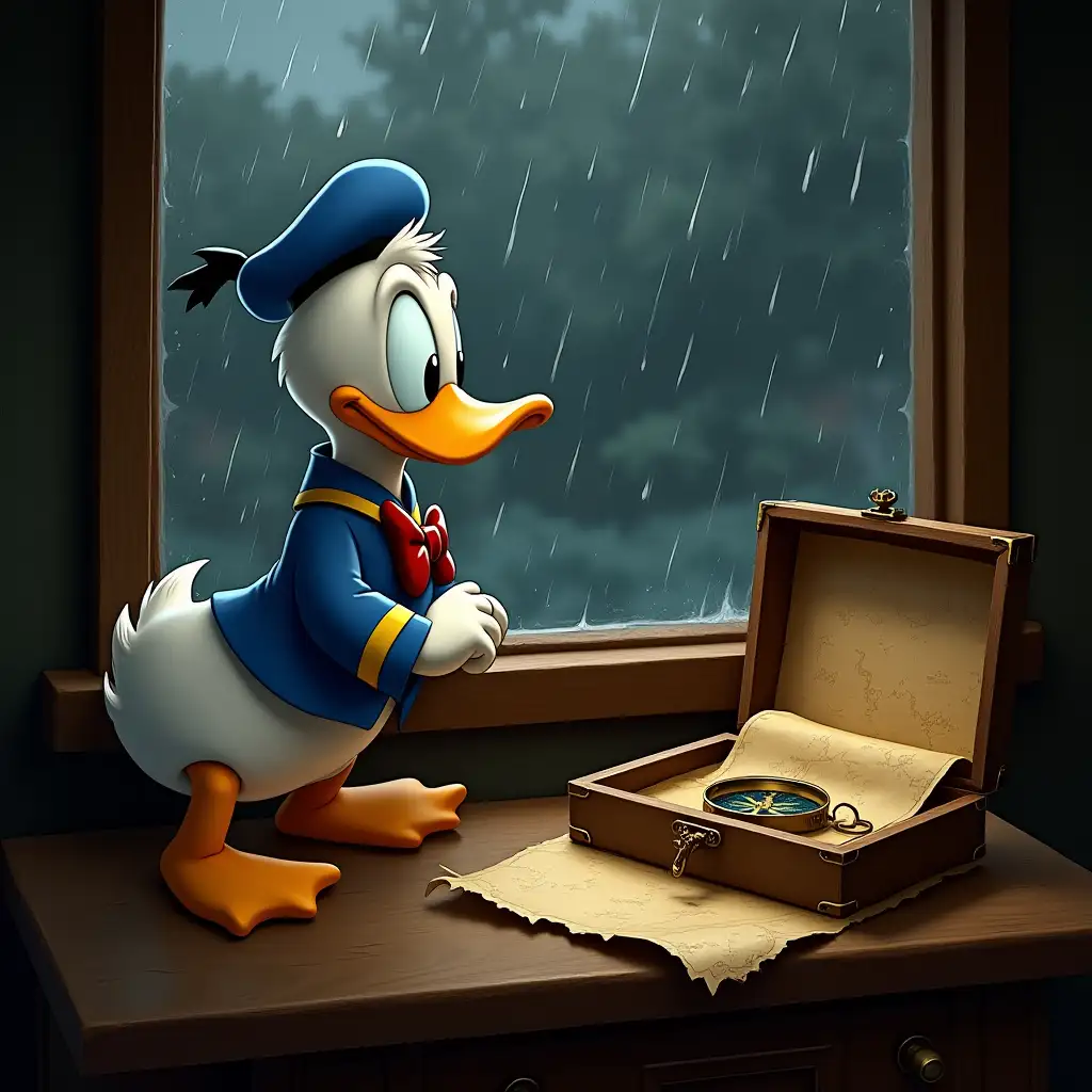 Donald-Duck-Contemplating-by-a-Window-with-Raindrops-and-Vintage-Map