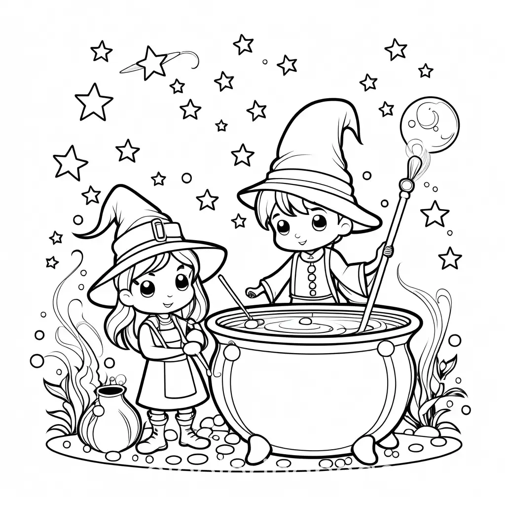 A tiny, friendly boy witch stirring a bubbling potion in a cauldron, with cute stars and bubbles floating around. Coloring Page, black and white, line art, white background, Simplicity. The background of the coloring page is plain white to make it easy for young children to color within the lines. The outlines of all the subjects are easy to distinguish, making it simple for kids to color without too much difficulty. With a white banner of 2 cm at the bottom.