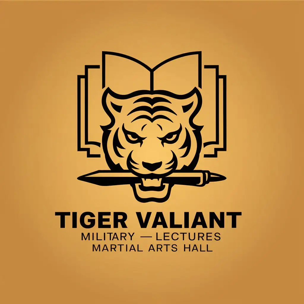 LOGO-Design-For-Tiger-Valiant-Front-View-Tiger-Face-Biting-Pen-with-Opened-Book-Background