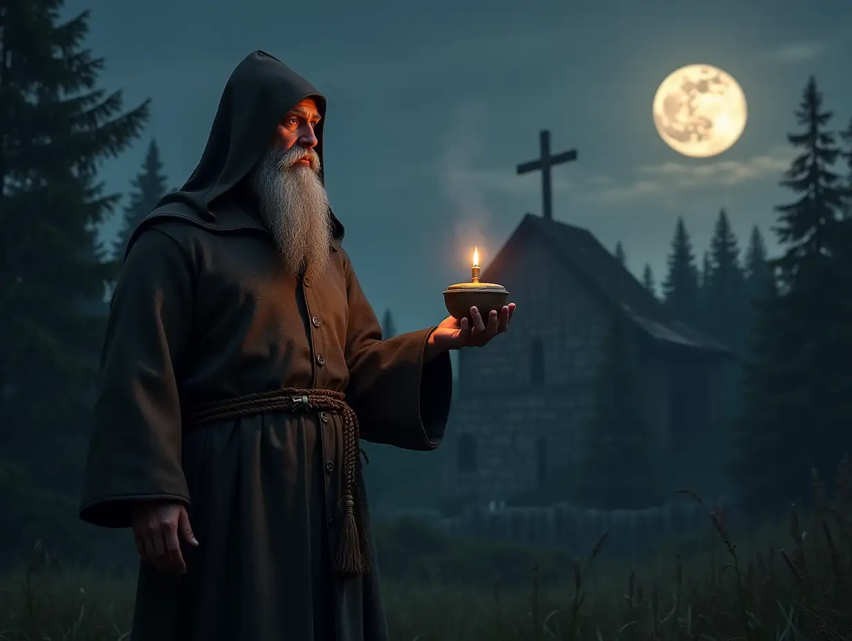 Character for the game: Old Russian monk with a censer on his outstretched hand, short gray beard, old cassock, sackcloth, belt of simple rope. The usual brown monk's old hat on his head. Full height. In the background is a dense forest, on a hill is seen an old chapel with an Orthodox cross, night, a huge moon in the sky. Maximum realism, detail