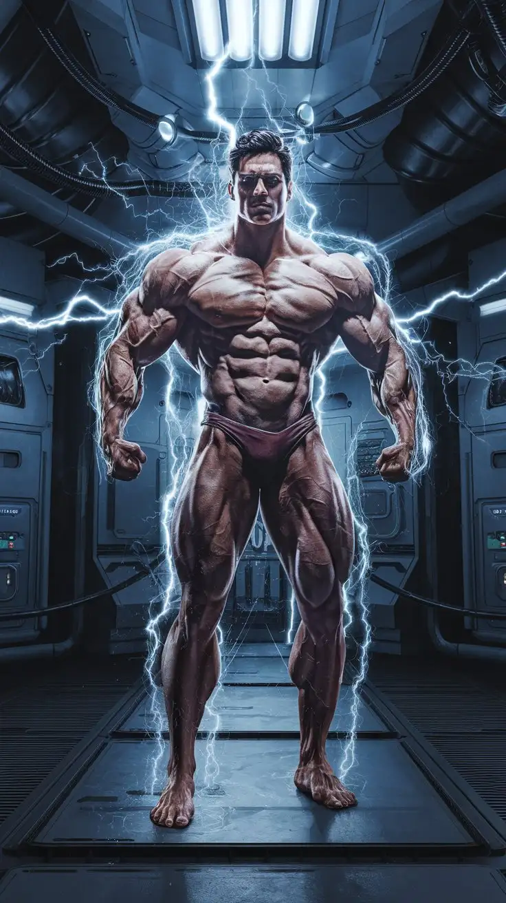 In a futuristic bunker. Powerfully muscled, hugely ripped, massively pumped, superhuman muscleman inundated with luminous blue power and electricity, transforming into ultra man. 27 years old. Photorealistic.