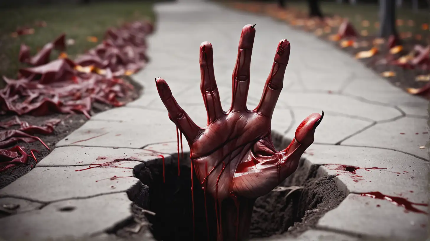 Creepy Bloody Hand Emerging from the Ground for Halloween