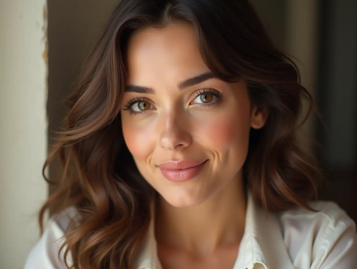 Ana de Armas is known for her symmetrical and attractive face, with large expressive eyes and high cheekbones that give her an elegant look. Her full lips and warm, natural smile enhance her charm. Her glowing white complexion reflects her Cuban-Spanish heritage, adding to her natural beauty. Her Dark Brown hair frames her face perfectly, Natural pink cheeks, highlighting her balanced features. Overall, her facial features combine classic beauty with a modern appeal, 19 years old.