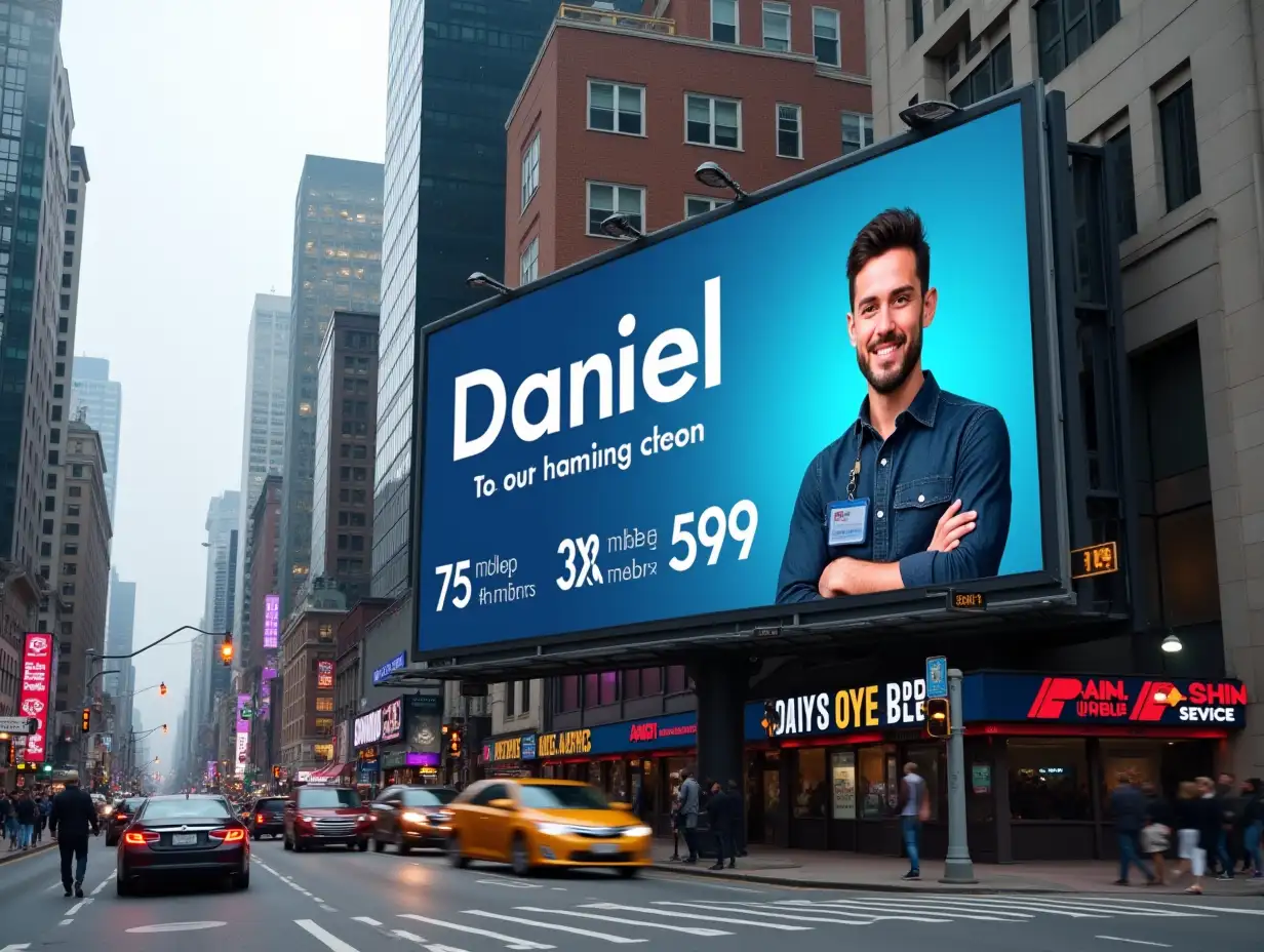 A billboard in the middle of busy city bearing a good looking guy with visible ID named Daniel.  Billboard displays  75 mbps Unli - 999 300 Mbps Unli - 1500