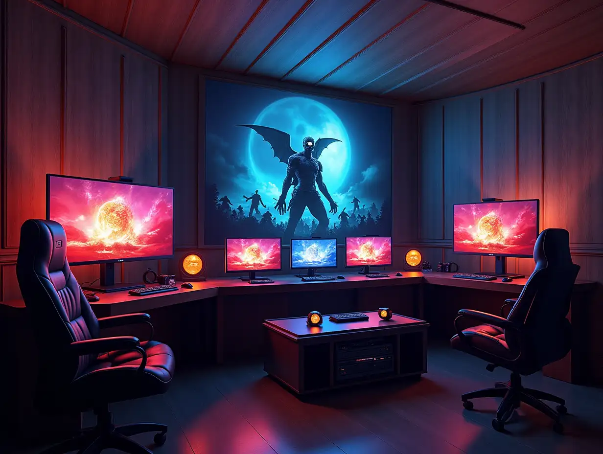 see a large gaming room with three monitors gaming table a statue of the attack on titan monster 180 degrees shots 8K resolution colorful