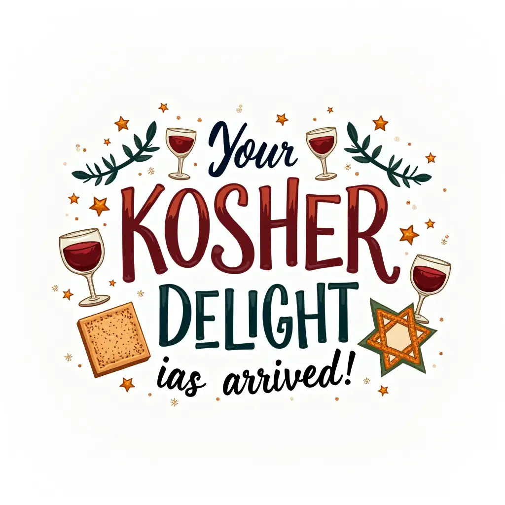 A funny yet classy and festive typography design with the text: Your KOSHER DELIGHT has arrived! Adorned with Passover objects and foods such as matzah and glasses of wine. Isolated on white background