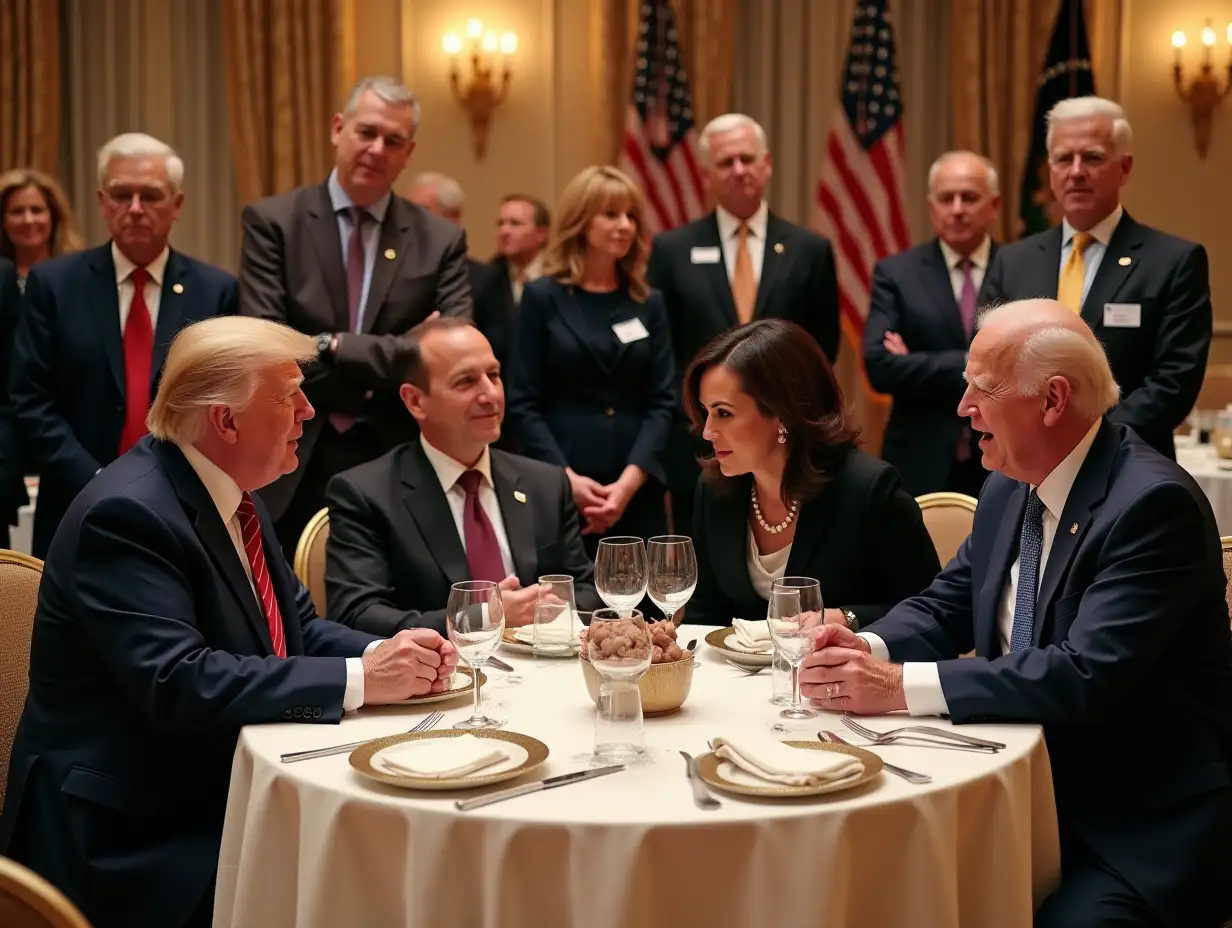 An unexpected and light-hearted moment at a high-profile political gathering where Donald Trump and Joe Biden, both dressed in their signature suits, share a hearty laugh as they observe a slightly flustered and red-faced Kamala Harris. The setting is a grand ballroom, elegantly decorated with American flags and banners displaying the event's theme. A round table, laden with fine china and crystal glassware, is the focal point. The former President and Vice President are seated opposite each other, their expressions a delightful blend of surprise and amusement. In the background, a group of diplomats and officials watch with varying degrees of bewilderment and mirth. The current President, Joe Biden, has one hand over his mouth to stifle his laughter while the other points subtly towards the Vice President. Donald Trump, leaning back in his chair, has thrown his head back, his eyes crinkling with mirth.