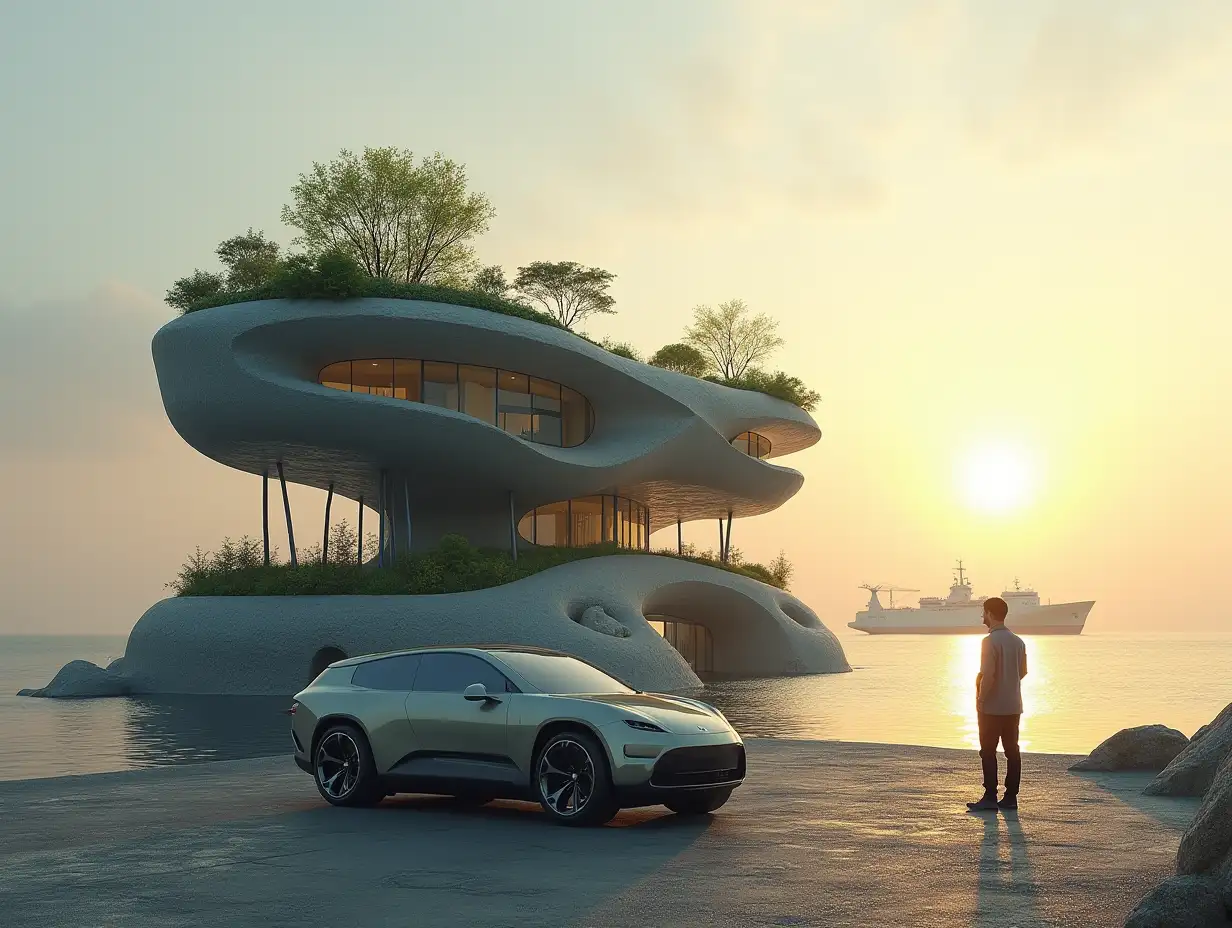 Two-storied, biomorphic with plants growing on and a hypermodern vehicle stands in front of it, the sun shines behind it is the sea and a large ship floating in the water