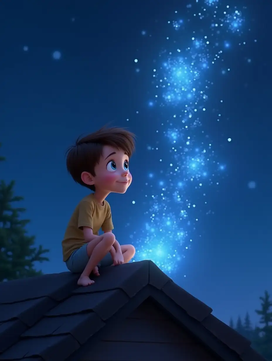 A cute 6-year-old boy in Disney 3D animation style, with sparkling blue eyes and short brown hair, sitting on the roof of a house at night. A mystical glow of glittering light surrounds him, and he gazes at the dazzling spectacle with a look of wonder and awe.