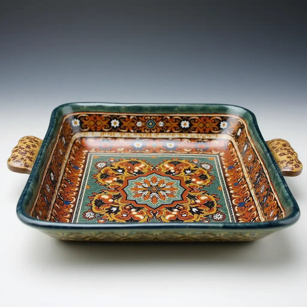 Square with rounded corners ceramic serving dish with embossed beautiful handle,Fine art, Hyper detailed,Antique and old, Qajar art, Iranian Tabriz carpet design