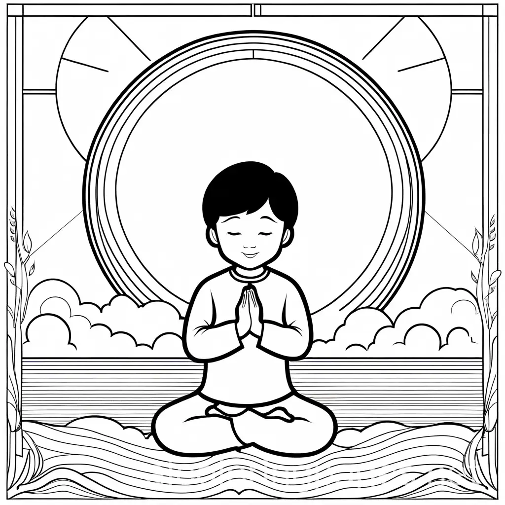 Create a simple, black and white line drawing suitable for a 3-year-old child to color. The image should depict a young child praying and showing gratitude for a new day. Use minimal, thick lines to outline the main elements. Include: A small child figure with hands pressed together in a prayer pose, A simple, rising sun in one corner to represent a new day, A basic outline of a window through which the sun is visible, A few basic lines to suggest a bed or bedroom setting. Keep the design very simple with large, open spaces for easy coloring. Avoid intricate details or small areas. The lines should be thick and clear, suitable for a young child's motor skills. The overall image should be warm and positive, conveying the idea of gratitude and a new beginning., Coloring Page, black and white, line art, white background, Simplicity, Ample White Space. The background of the coloring page is plain white to make it easy for young children to color within the lines. The outlines of all the subjects are easy to distinguish, making it simple for kids to color without too much difficulty