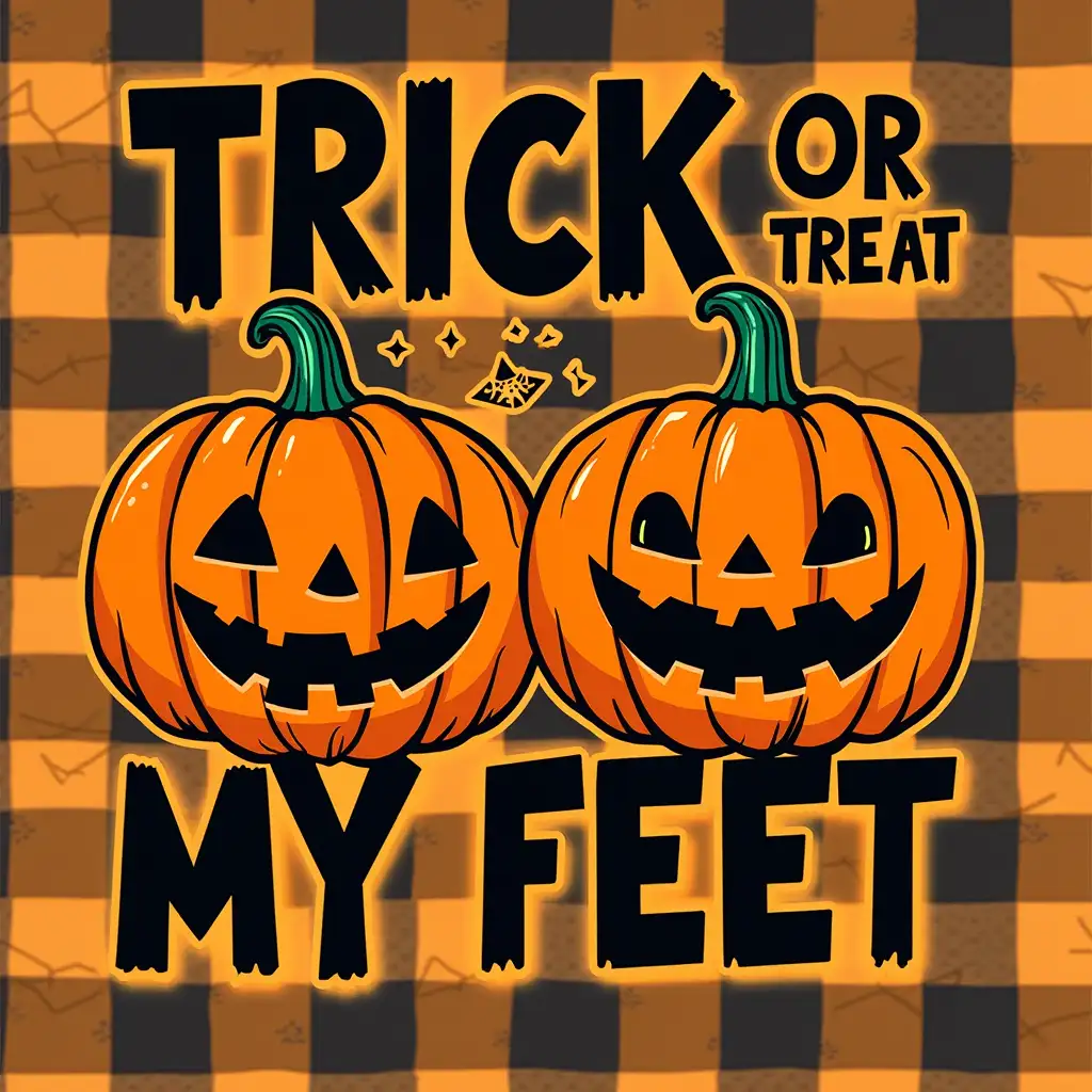 Create a Halloween-themed graphic featuring two mischievous pumpkins. The text 'TRICK OR TREAT MY FEET' should be prominently displayed in bold, contrasting fonts, with a playful, handwritten style. The background should be a checkered pattern in orange and black. The overall style should be lighthearted and fun, with a touch of cuteness.