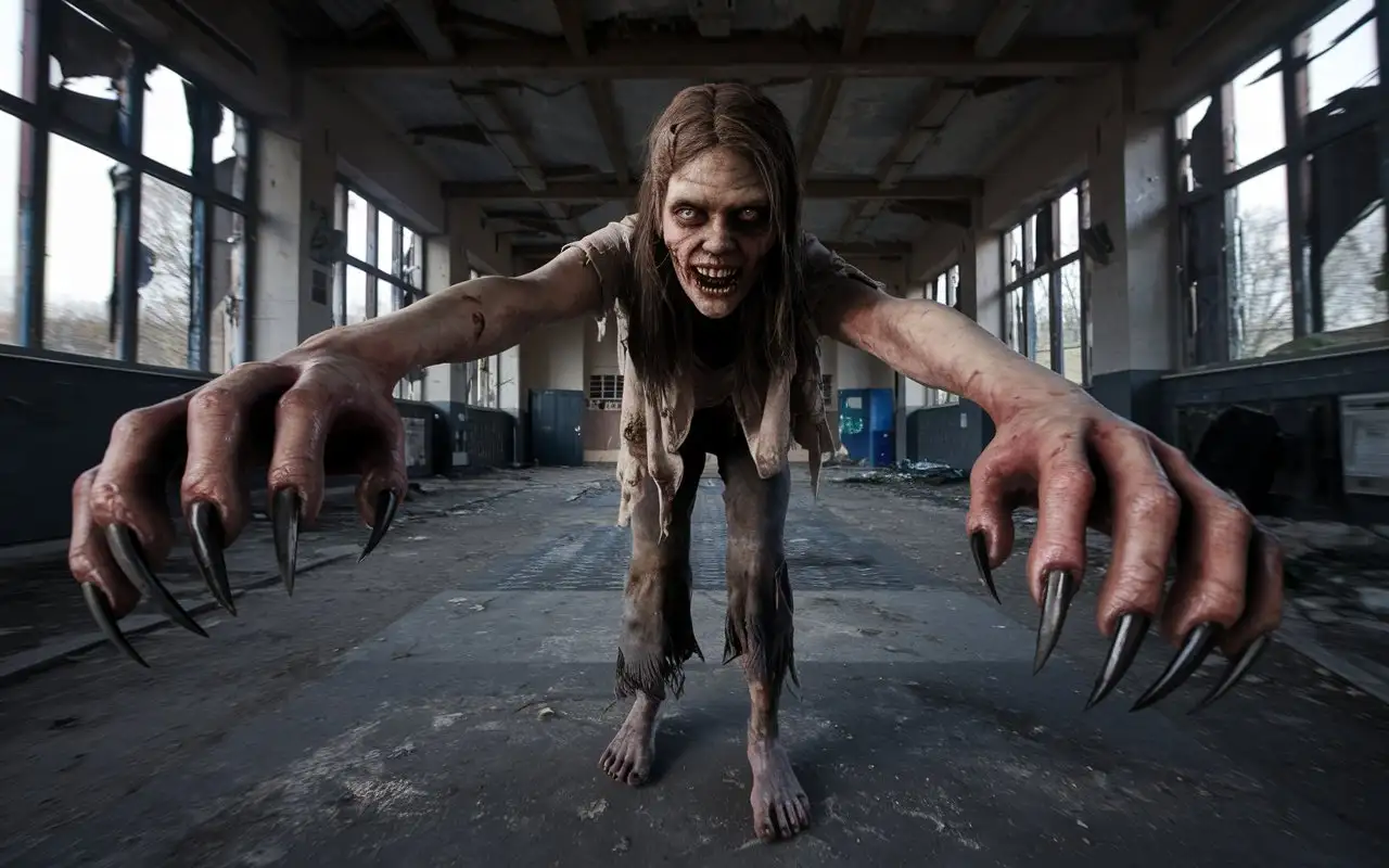 Rotten-Female-Zombie-Pursuing-Prey-in-Dark-Abandoned-School-Room