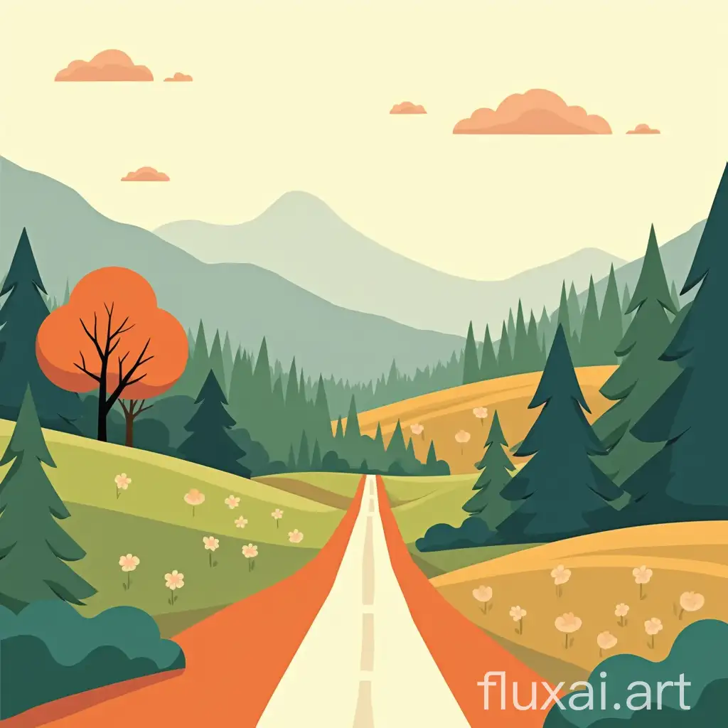 Cartoon-style illustration of a nature, with vibrant colors, smooth lines, and a retro comic vibe. The scenery in the background includes elements like trees,  mountains, and travel icons, parallel paths. Use beige, light green, orange, gray, white and black as a base and bright colored accents.