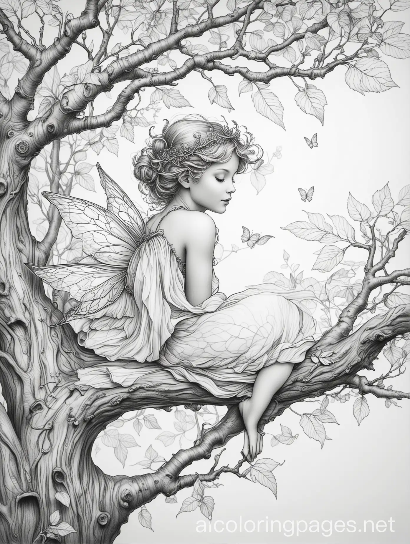 Little-Fairy-Sleeping-in-a-Tree-Black-and-White-Line-Drawing-for-Coloring-Page