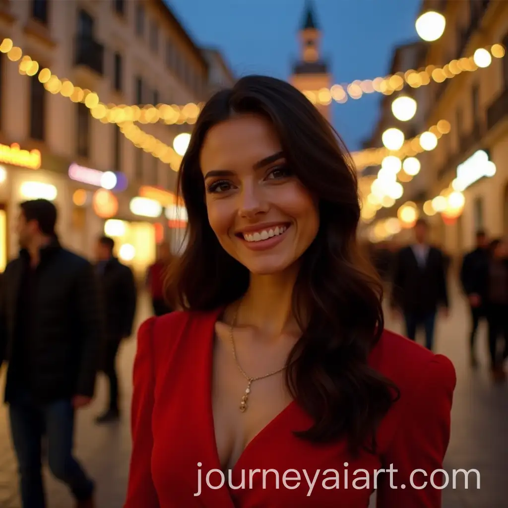 Spanish-Beauty-in-Festive-Red-Dress-Smiling-in-Bustling-Christmas-Eve-Town-Square