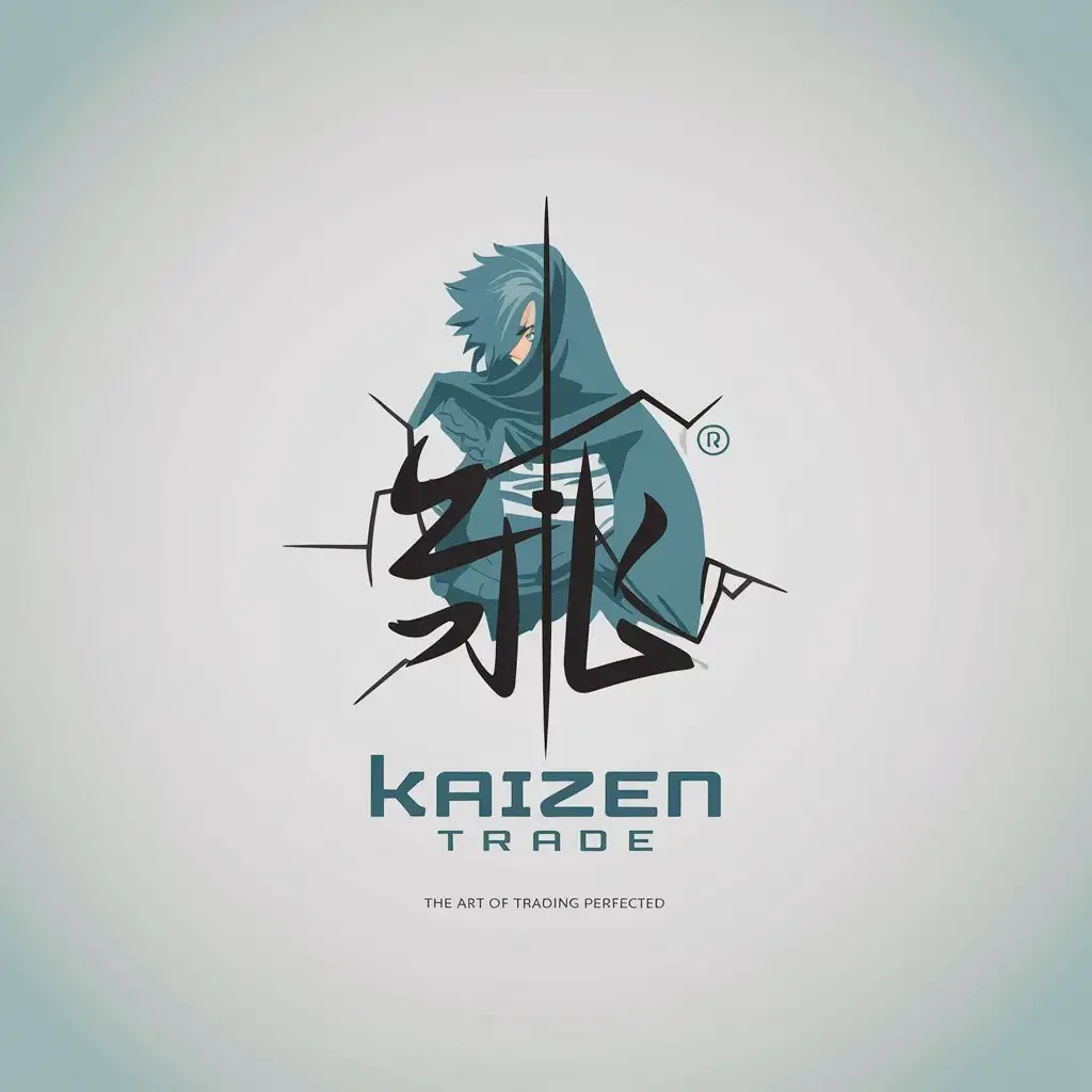 LOGO Design for Kaizen Trade Modern Font with Giyu Character and Dark Blue Anime Trading Theme