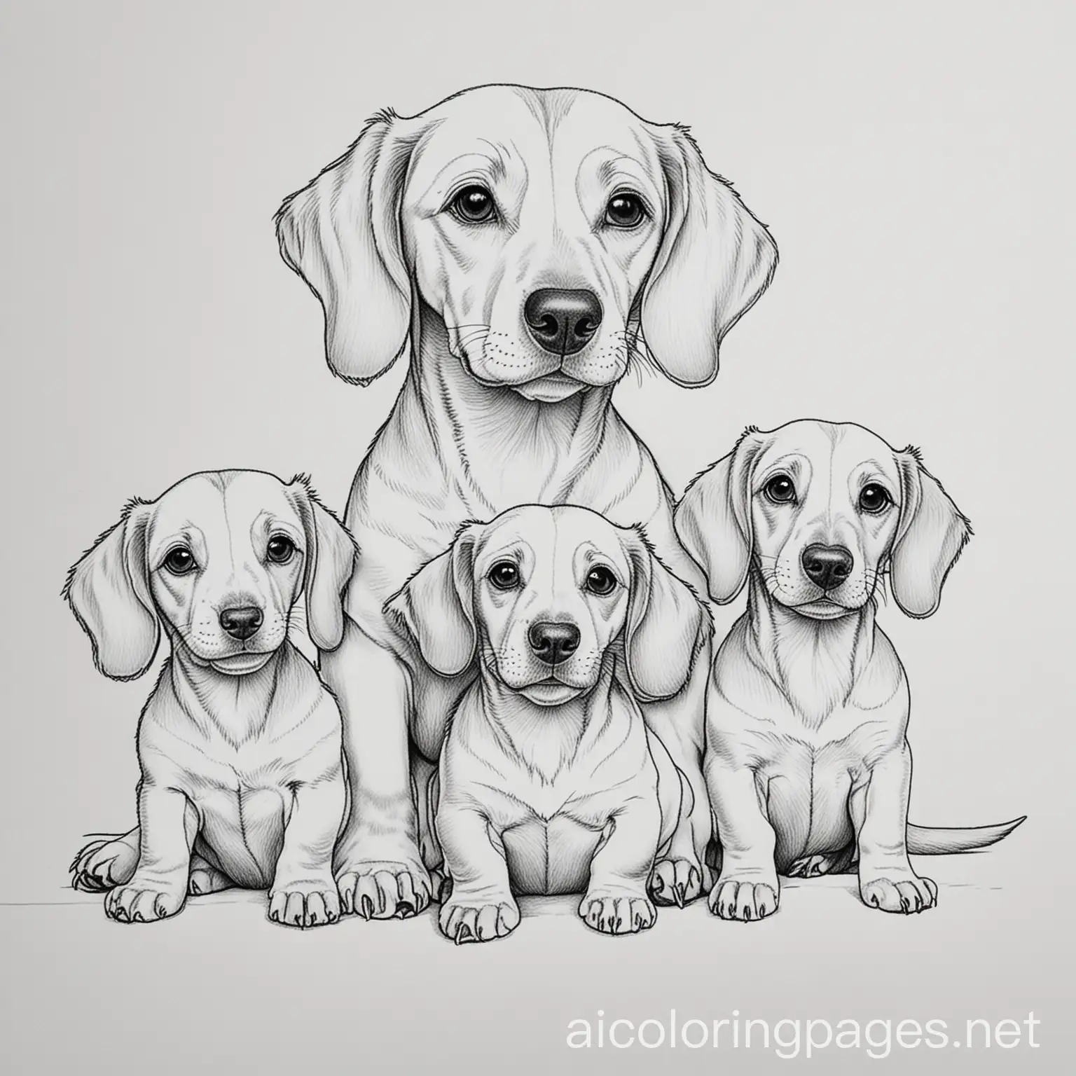 Daschund mom and puppies, Coloring Page, black and white, line art, white background, Simplicity, Ample White Space. The background of the coloring page is plain white to make it easy for young children to color within the lines. The outlines of all the subjects are easy to distinguish, making it simple for kids to color without too much difficulty