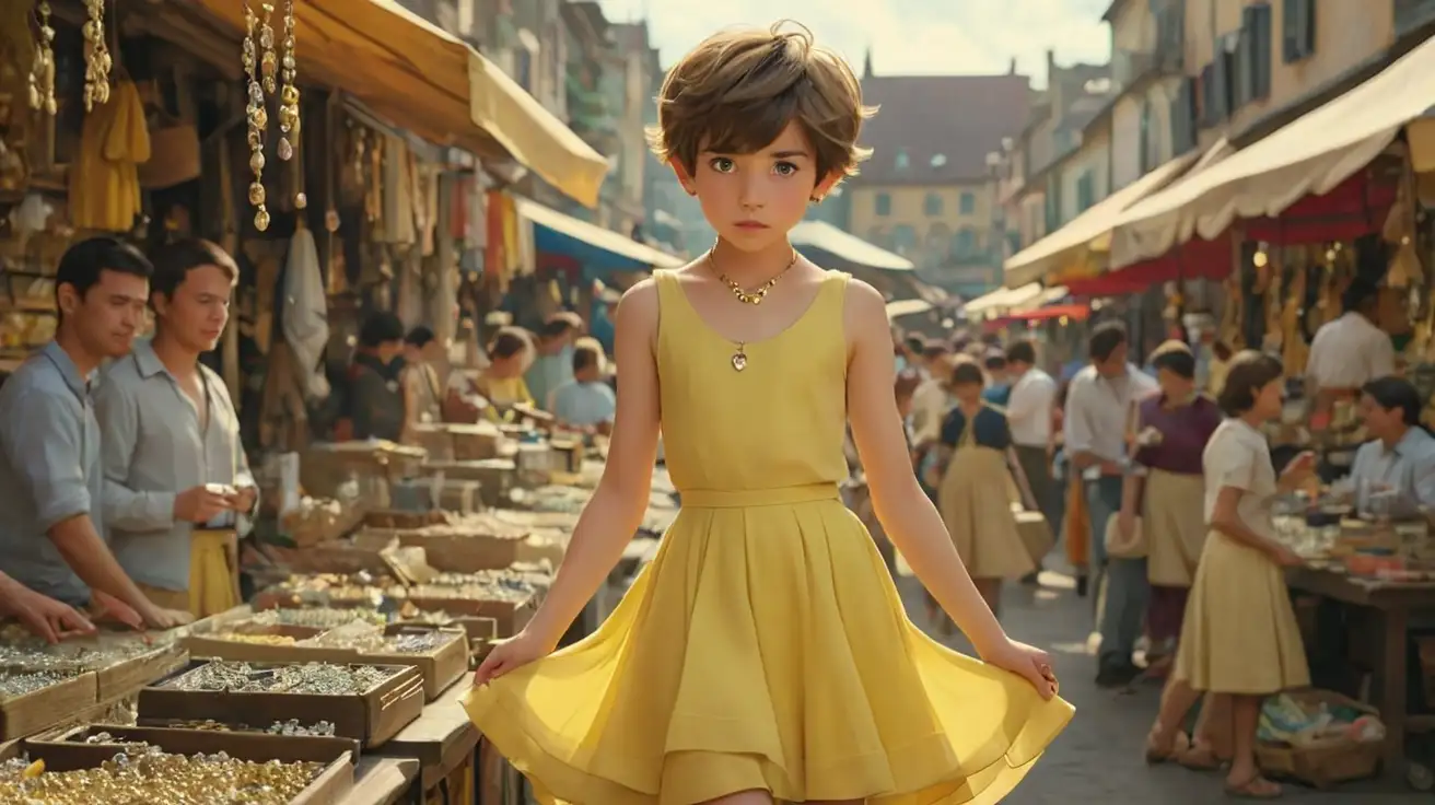Shorthaired boy in a yellow dress with short wide skirt, looking at jewelry in a market place